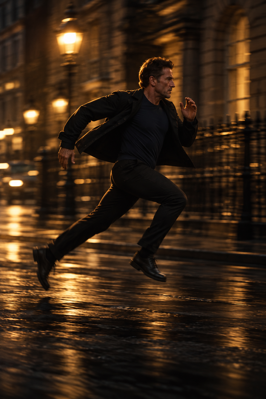 A man sprinting in side profile along an English street at night, outlined by warm brass light.