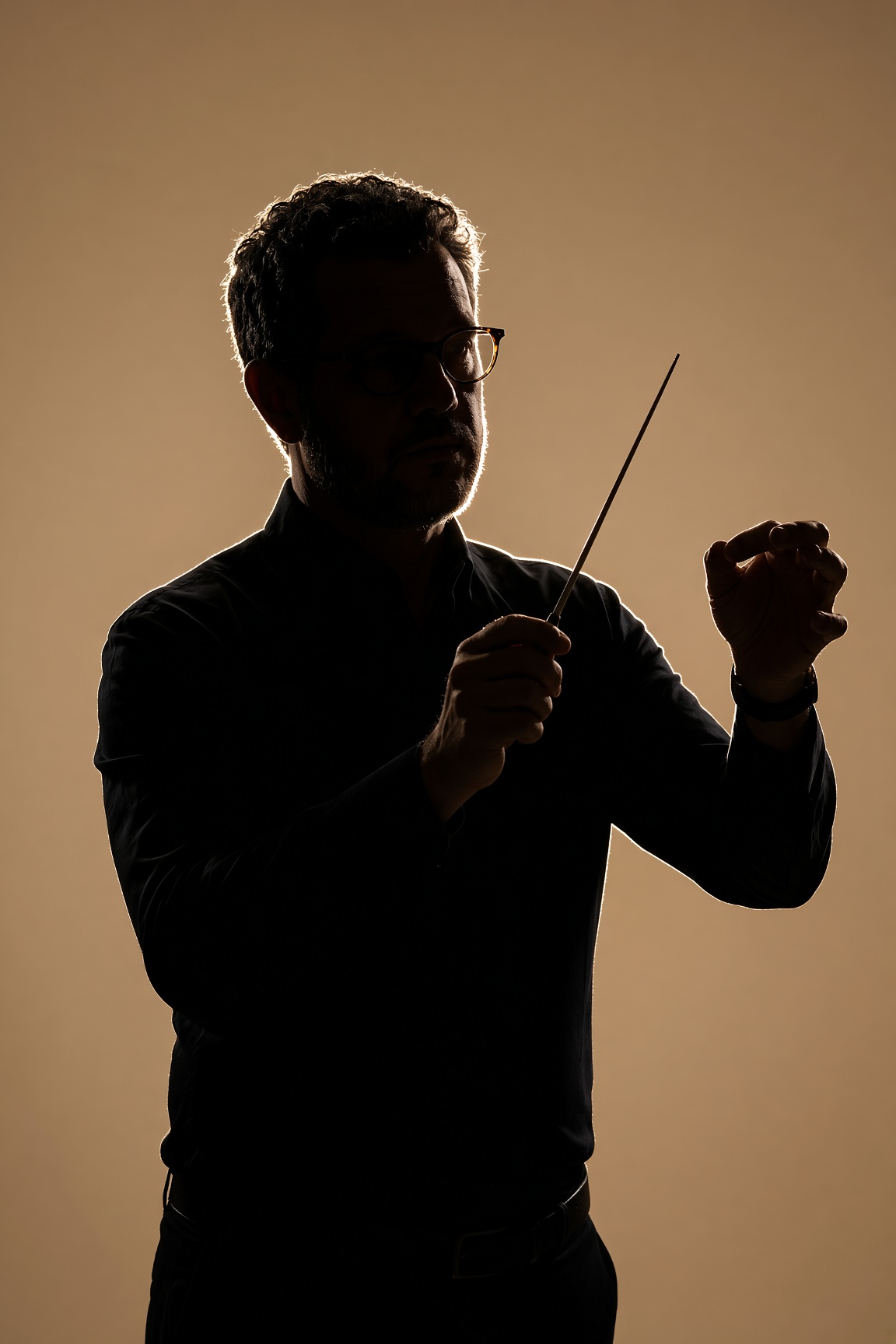 A silhouetted conductor with a raised baton.